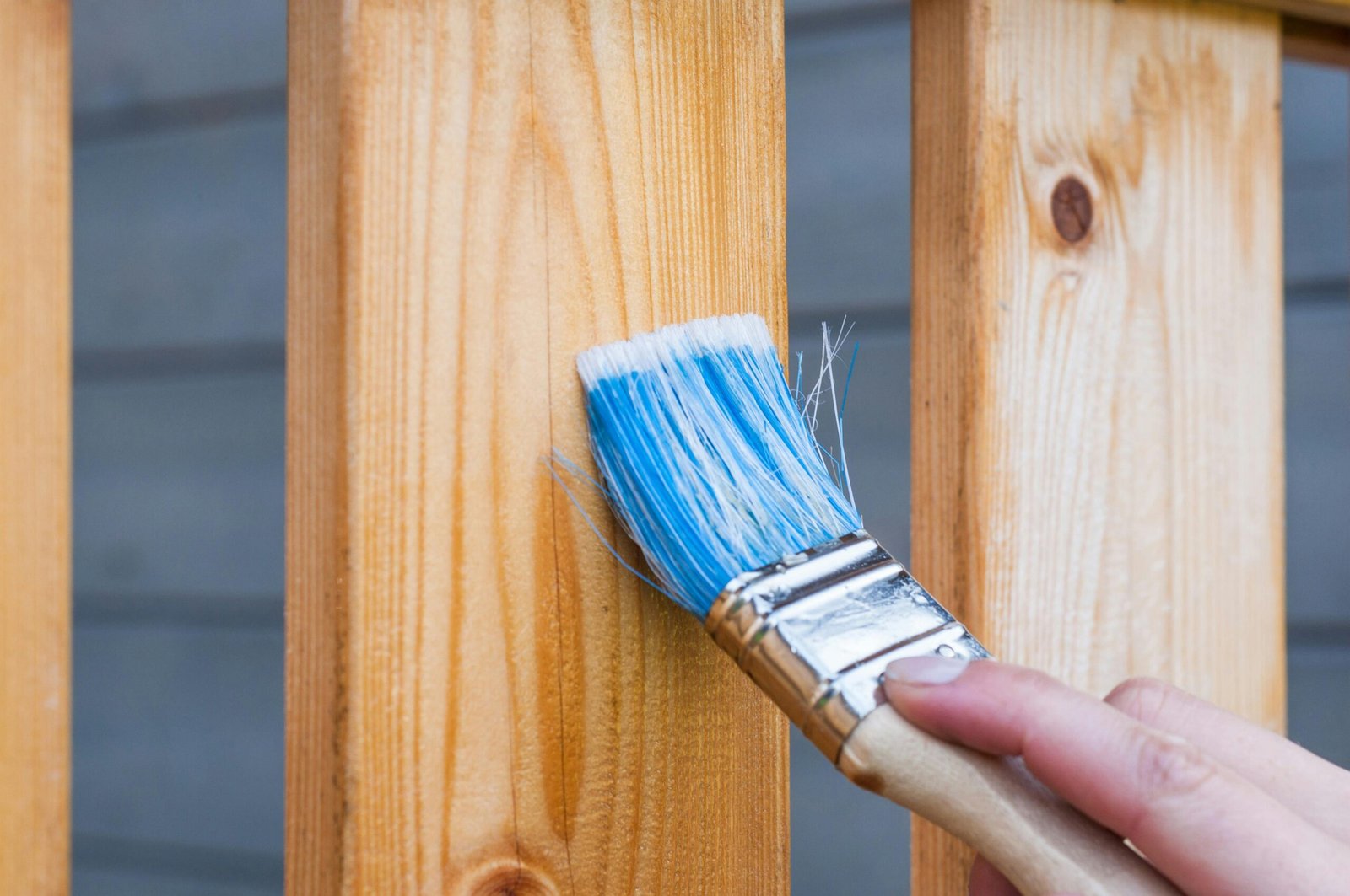 Home A hand painting a wooden fence plank with a blue paintbrush outdoors. Perfect for DIY and renovation themes.